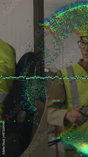 Vertical video: Construction crew pausing, tech prepping cable plug for setup amid glitch overlay