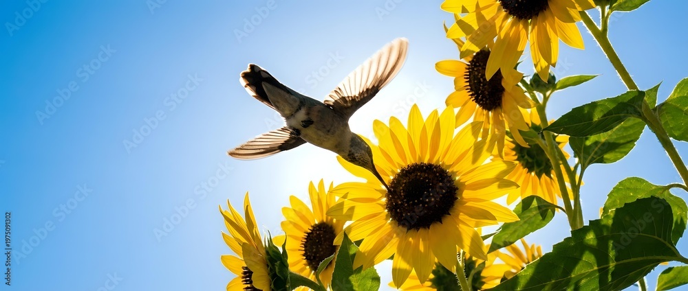 Fototapeta premium Hummingbird hovering near bright yellow sunflowers against clear blue sky. Nature wildlife scene perfect for summer garden themes and outdoor photography projects.