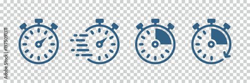 Vector graphic illustration of four blue stopwatch icons on a transparent background