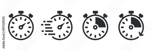 Vector graphics of four stopwatch icons in various designs on white