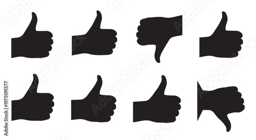 A set of black thumbs up and thumbs down icons on a white background for feedback and rating purposes