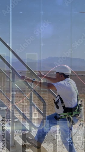 Vertical video: Tech climbing stairs for turbine repair after grabbing rail, with chart overlays