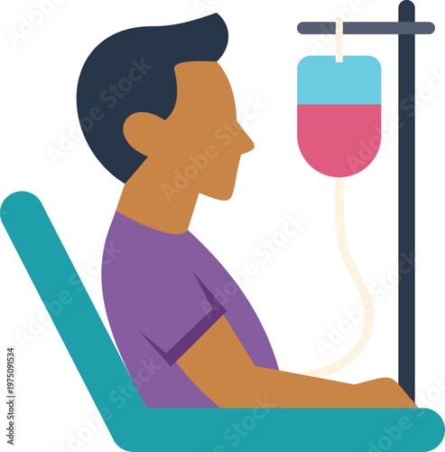 Patient sitting while receiving intravenous fluid from an iv drip bag