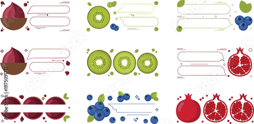 Fruit banners and labels set with kiwi blueberry pomegranate speech bubbles fresh food flat vector illustration collection