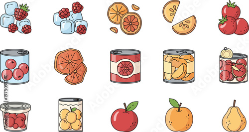 Fresh and canned fruit icon set with citrus berries apples preserved food flat vector illustration collection