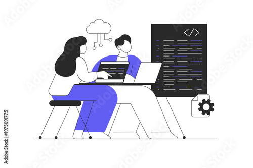 Software development, programming, coding. Man and woman programming and writing code, tests and fixes bugs, works on different screens. Flat Cartoon Vector Illustration, icon Stylish abstract design 