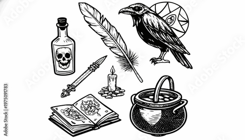 A mystical crow stands beside a cauldron and witchcraft symbols including a book and potion bottle in a spooky setting with a feather and candle.