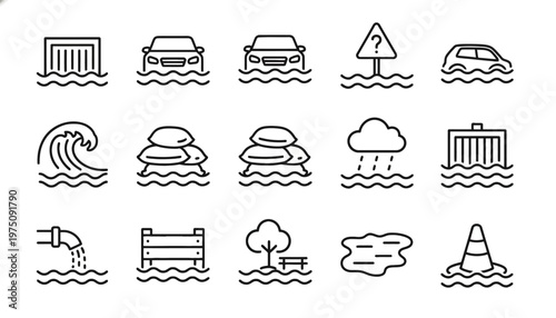 Vehicles and objects submerged in floodwaters with warning signs and natural elements