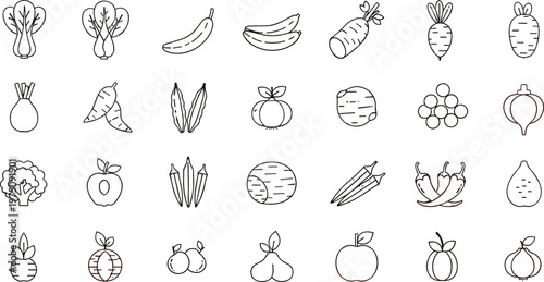 Vegetable line icon set with carrots onions cabbage radish minimal outline flat vector illustration collection