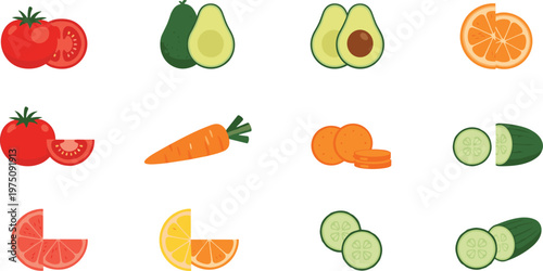 Fresh vegetables and fruit slices icon set with tomato avocado carrot cucumber citrus flat vector illustration collection