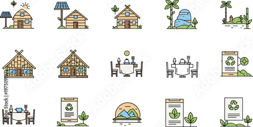 Eco friendly homes and sustainable lifestyle icons set green energy recycling vector illustration flat design environmental collection