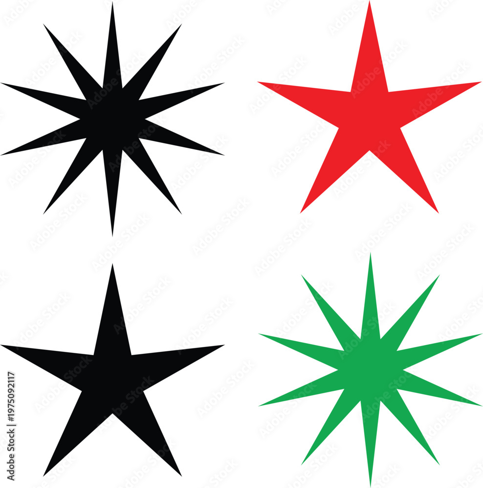 Obraz premium Four multicolored stars: black, red, black, and green