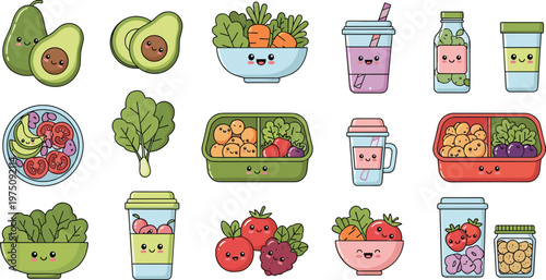 Healthy food and drink kawaii icon set with fruits vegetables smoothies lunch boxes cute flat vector illustration