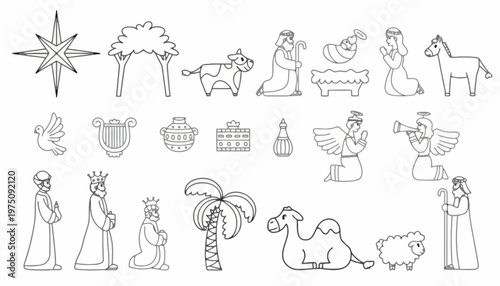 Nativity scene with animals and people under a star, in a desert landscape with palm trees and various symbolic objects.