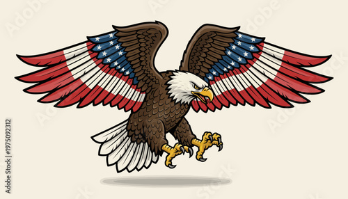 An eagle spreads its wings widely in mid-air flight with patriotic feathers.