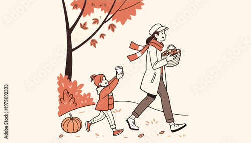 A woman and a child walk together in autumn collecting fallen leaves and a pumpkin