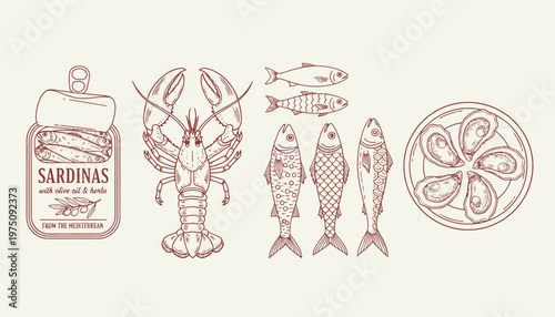 Seafood illustration set featuring a lobster, sardines can, fish, and a plate of lemons on a cream background with a fhj design