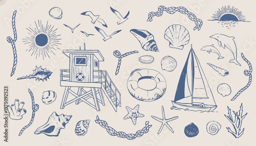 Beach scene with various objects and illustrations including a lifeguard tower sailboat and seashells on a sunny day.
