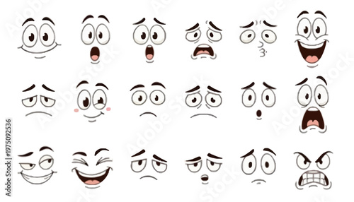 Collection of various cartoon faces with diverse expressions on white background fhj