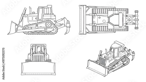 Modern Bulldozer Vector Set Side Top Front and Isometric CAD Outlines for Engineering Blueprints and Construction Fleet Management UI