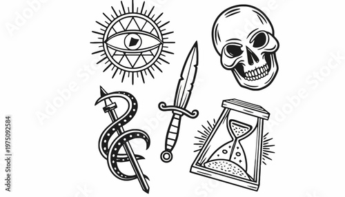 A mystical scene featuring an eye within a sun, a skull, a coiled snake, a dagger, and an hourglass.