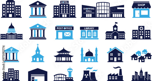 Collection of modern building icons for urban and civic services.