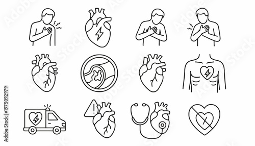Medical icons depict a person with a stethoscope on their chest holding their heart next to anatomical heart illustrations and a ambulance