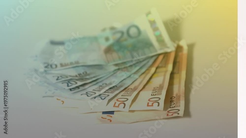 Animation of close up of euro bills falling against yellow gradient background