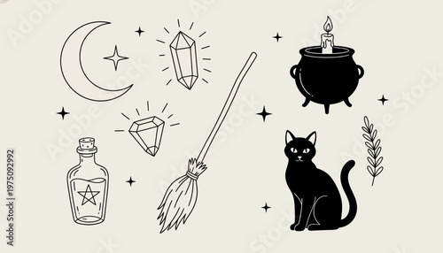 Magical scene with cat, broom, and witchcraft symbols floating around it in air