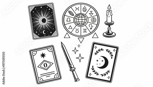 Illustration of mystical symbols, tarot cards, and ritual objects on a table indoors