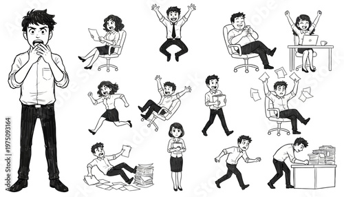 Office workers are in various stressful positions and emotions in a chaotic workspace setting now