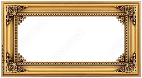 Golden ornate picture frame with decorative corners and border isolated on transparent background
