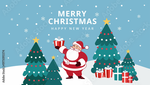 Santa Claus celebrates Christmas with trees and gifts in snowy landscape