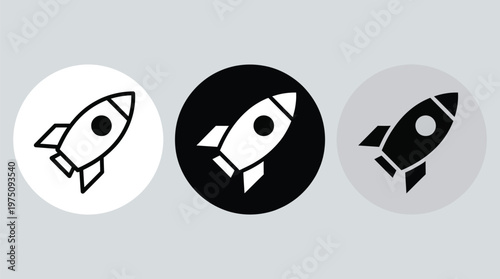 Three stylized rocket ship icons in varying shades and background shapes