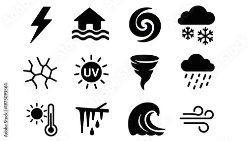 Weather icons depict various meteorological symbols on a white background including lightning fhj 84 ai