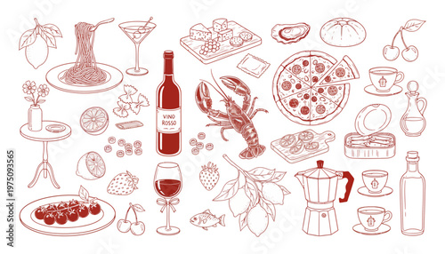 A vibrant illustration showcases various food and drink items arranged artistically on a table with wine, seafood, and dishes in a modern setting with fhj.