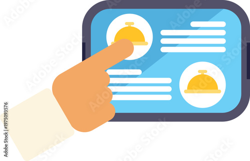 Finger taps on touchscreen interface showing icons for hotel room services and options