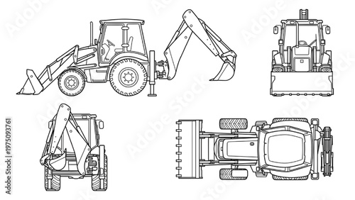 Industrial Backhoe Loader CAD Block Vector Set Orthographic Multi-View Outlines for Construction Site Mapping and Engineering Logistics Planning