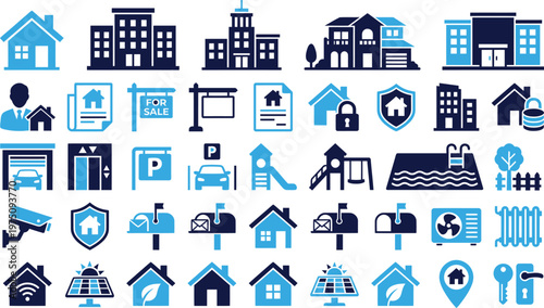 Real estate and home services icons collection vector set blue and white.