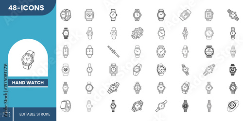Hand Watch Icon Set – Editable Vector Icons for Wristwatches, Timekeeping, Smartwatch Devices and Fashion Accessories.