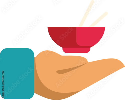 Flat design illustration of a hand holding a red bowl with chopsticks symbolizing giving or sharing