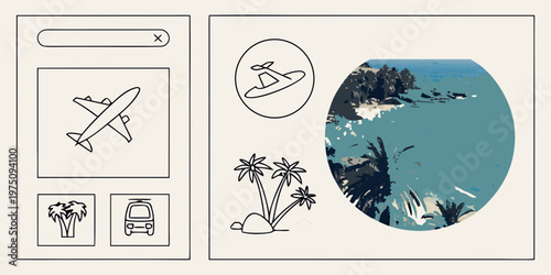 A vector graphic illustration of a travel website interface with icons and a tropical island preview