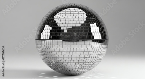 Large shiny disco ball with mirrored tiles on gray background