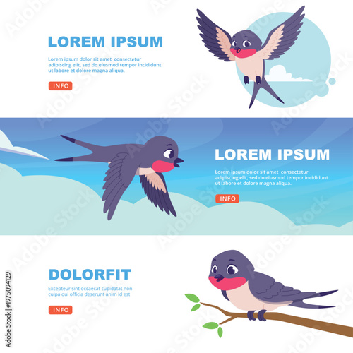 Bird swallow. horizontal banners with flying swallows. cartoon template with place for text