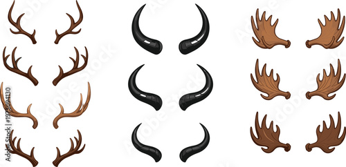 Animal Horns and Antlers Set with Various Shapes and Designs for Wildlife, Nature, and Hunting-Themed Projects