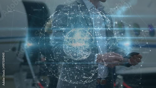 Animation of network of connections over businessmen using smartphone at the airport