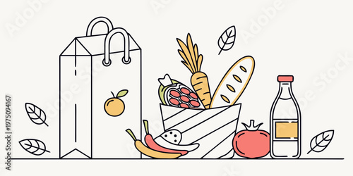 A minimalist vector illustration of a grocery shopping bag and its contents on a simple background