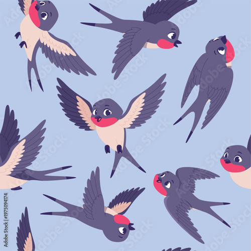 Bird swallow. seamless background with flying swallows. cartoon pattern template