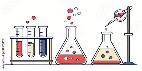 A vector graphic illustration of laboratory equipment including test tubes and flasks