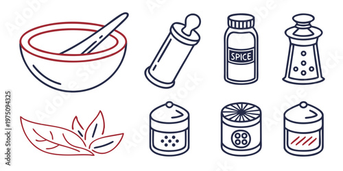 A set of kitchen icons including a mortar and pestle, spice bottles, and leaves